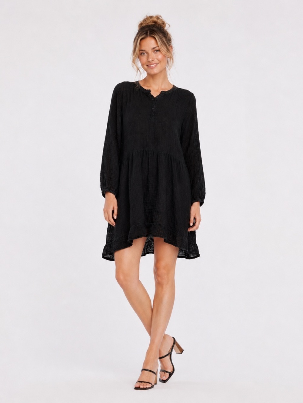 NWT LACAUSA Anthropologie Keyla Organic Cotton Gauze Babydoll Dress Black Small
